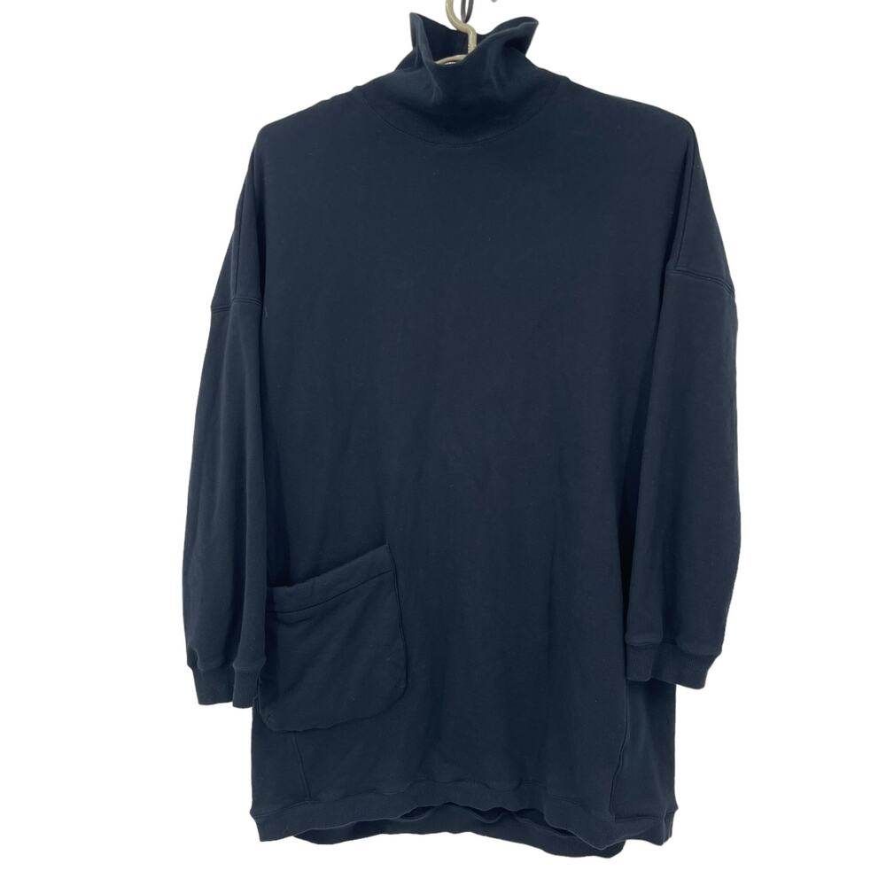 Tibi Cocoon Black Fleece Sweatshirt Dress Turtleneck Cotton Pocket Size Large
